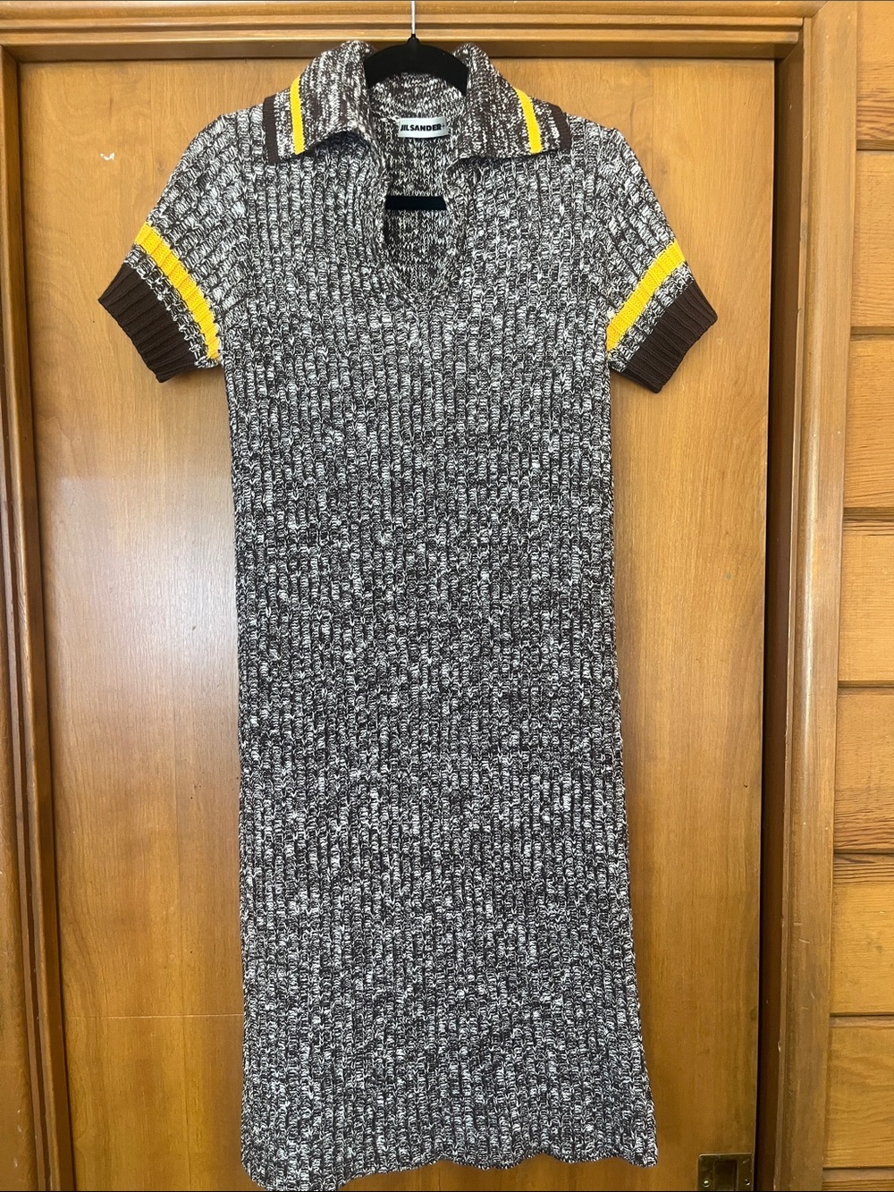 Jil Sander Brown Marled Polo Midi Dress with Yellow Trim